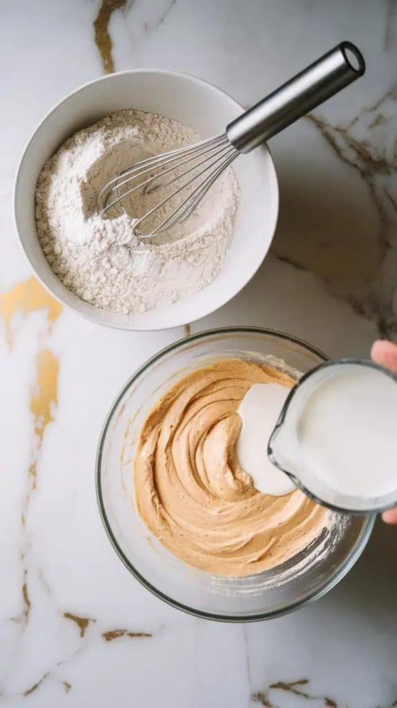 flour, baking powder, and salt being whisked in a bowl next to a bowl of cake batter with milk about to be added