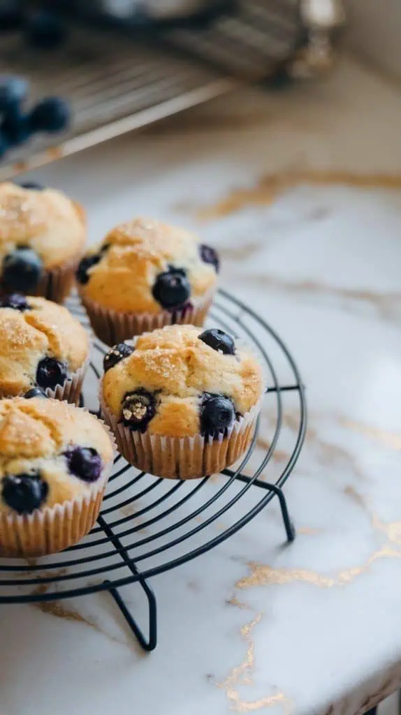 freshly baked blueberry muffins cooling on a wire rack. The muffins are golden with blueberries peeking out and sparkling sugar on top