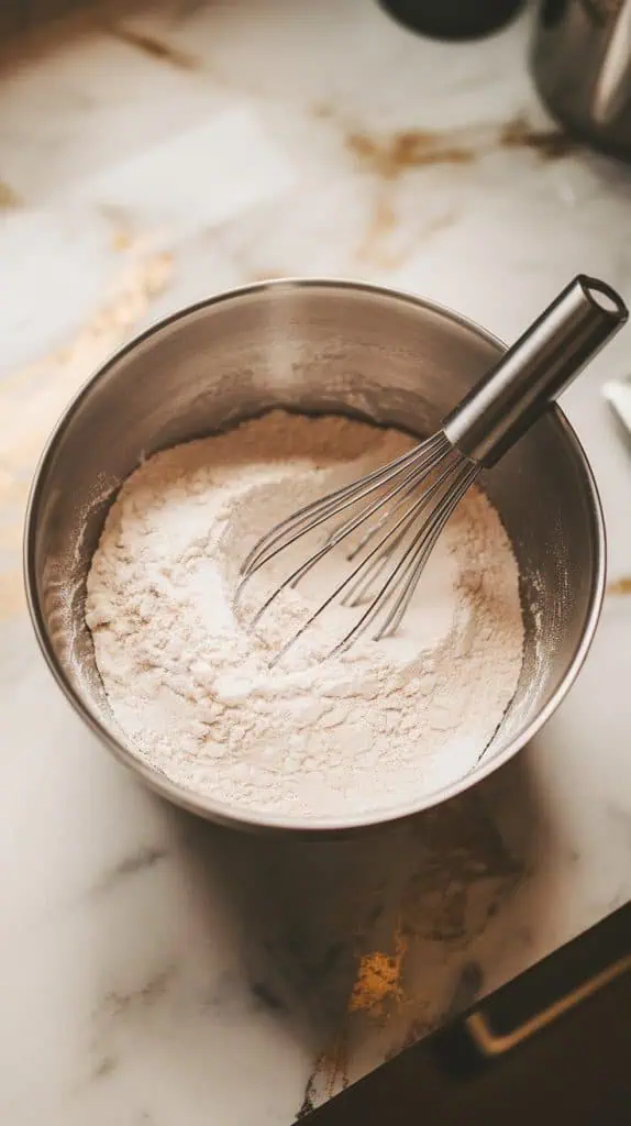 a mixing bowl filled with flour, baking powder, baking soda, and salt being whisked together