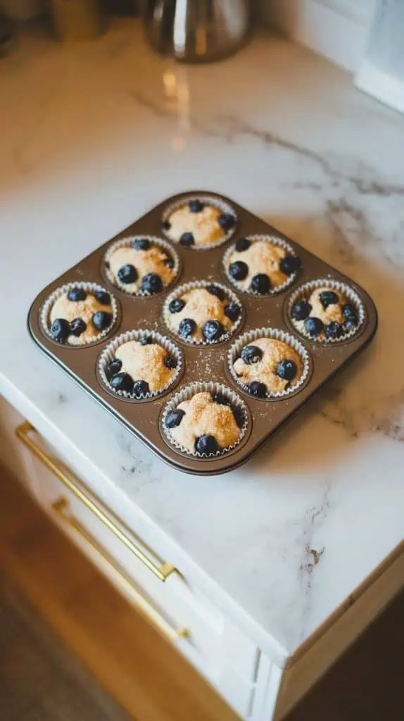 a muffin tin lined with paper cups, each filled with blueberry muffin batter and sprinkled with coarse sugar