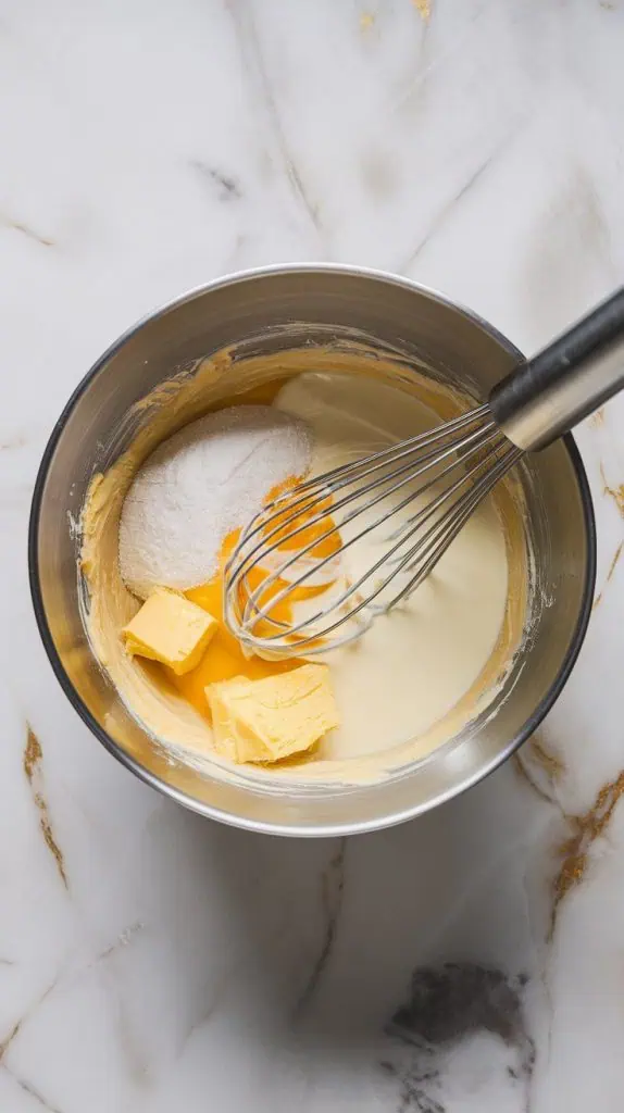 a mixing bowl filled with melted butter, sugar, eggs, sour cream, milk, and vanilla extract being whisked together into a creamy batter