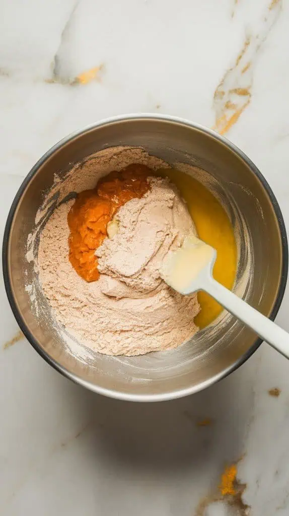  a mixing bowl with wet ingredients being folded into the dry flour mixture