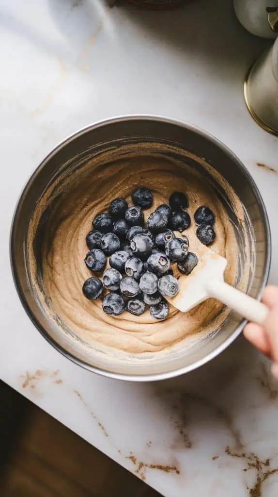  a mixing bowl filled with muffin batter as floured blueberries are gently folded in with a spatula