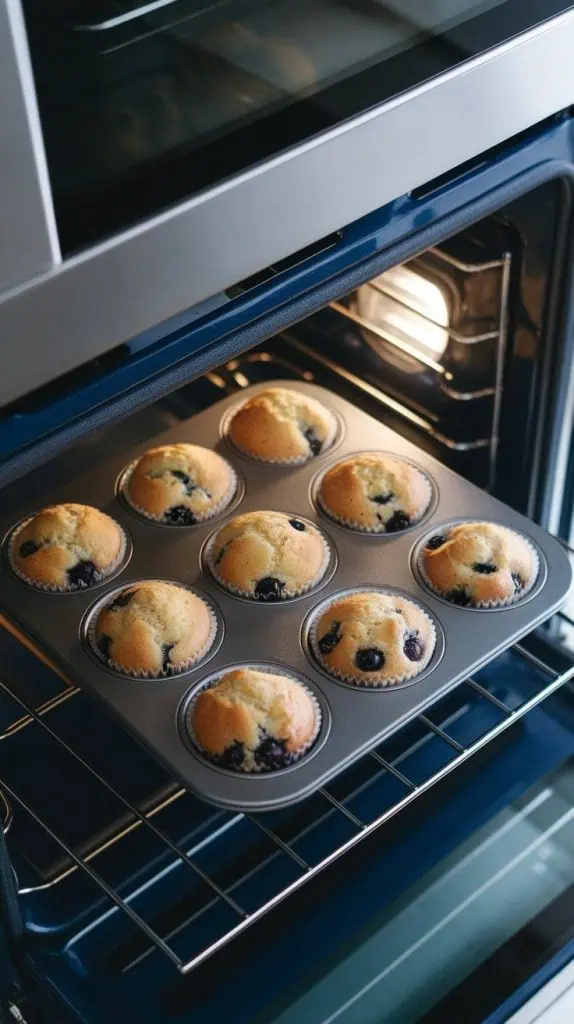 golden blueberry muffins baking in a muffin tin inside a modern stainless steel double oven