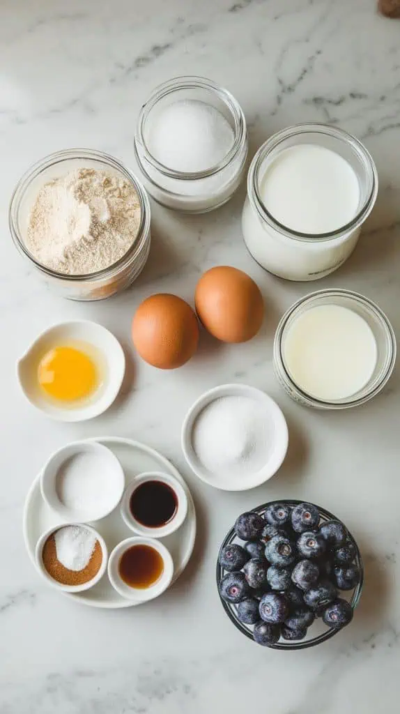 all ingredients for Starbucks copycat blueberry muffins arranged on a white marble countertop with hints of gold