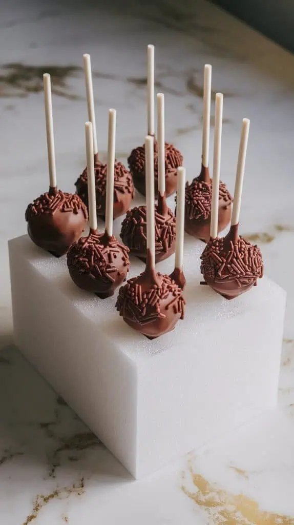 chocolate cake pops standing upright in a foam block, freshly dipped and topped with chocolate sprinkles