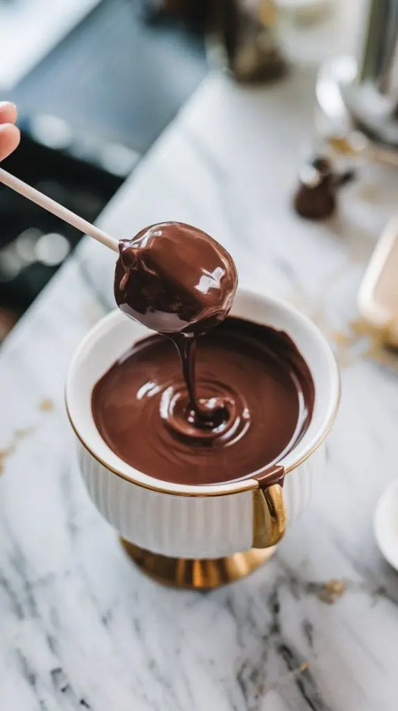 a chocolate cake pop being dipped into melted chocolate coating. The chocolate is glossy and smooth