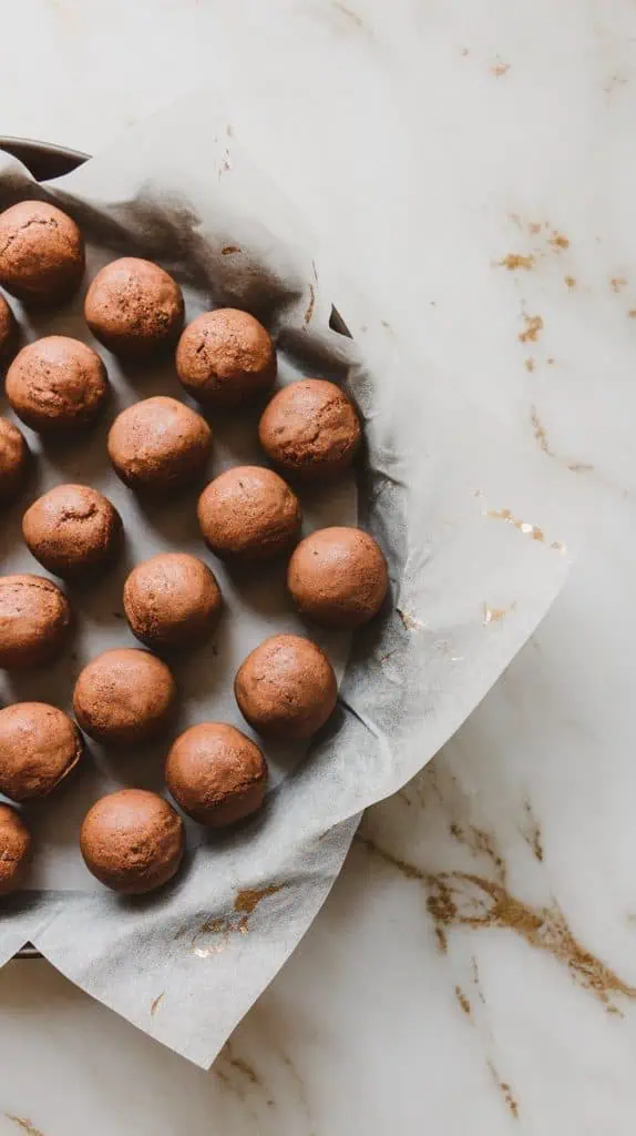 evenly rolled chocolate cake balls on a parchment-lined tray, ready to chill