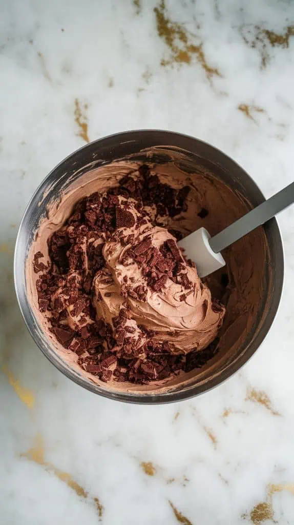 crumbled chocolate cake being mixed with frosting in a large bowl. The mixture is thick and moist