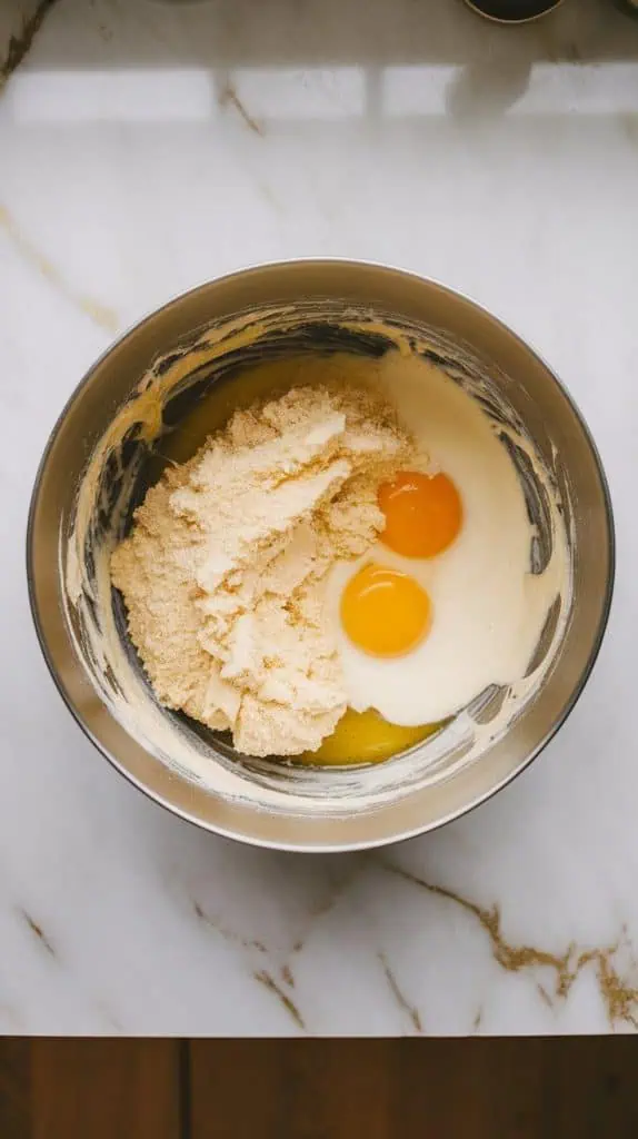 a mixing bowl with creamed sugar and butter now blended with two eggs, vanilla extract, and sour cream.