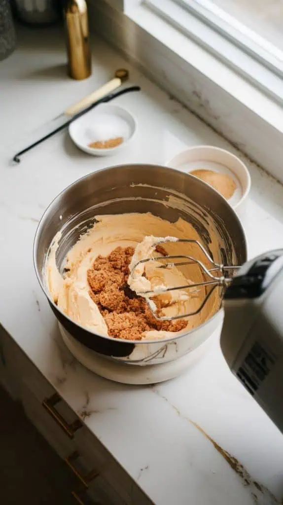 softened butter, sugar, and brown sugar being creamed together in a mixing bowl with a hand mixer