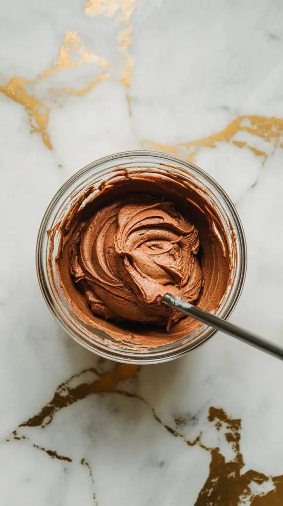 chocolate frosting being mixed in a small bowl with butter, cream cheese, powdered sugar, cocoa powder, and vanilla extract