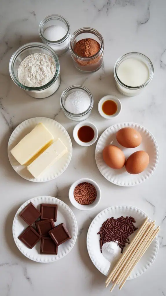  all ingredients for Starbucks copycat chocolate cake pops arranged on a white marble countertop with hints of gold