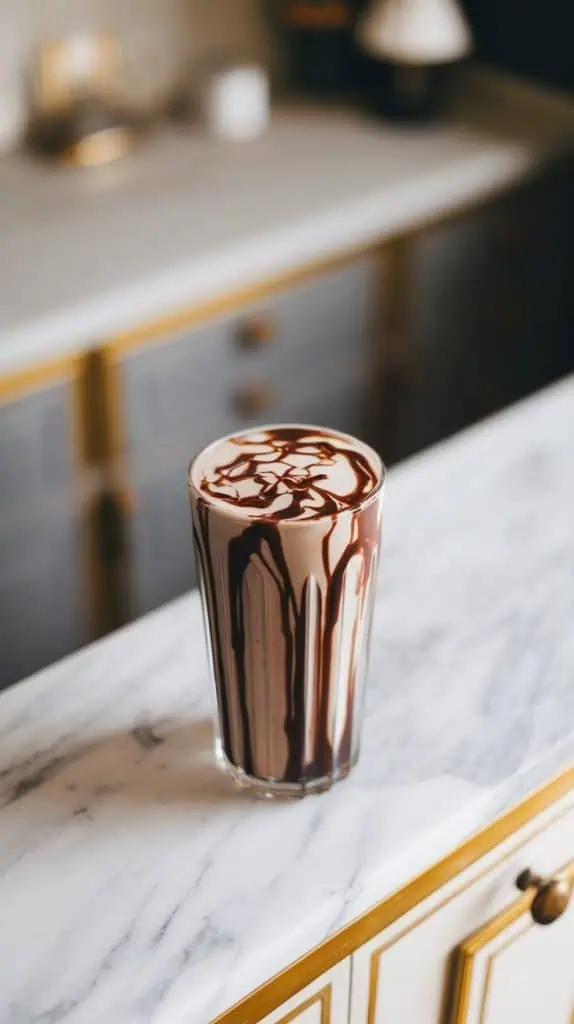 a tall glass with chocolate syrup drizzled inside, creating swirls along the sides
