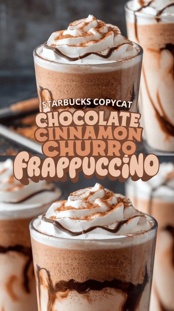 a tall glass filled with a thick, creamy chocolate cinnamon churro frappuccino