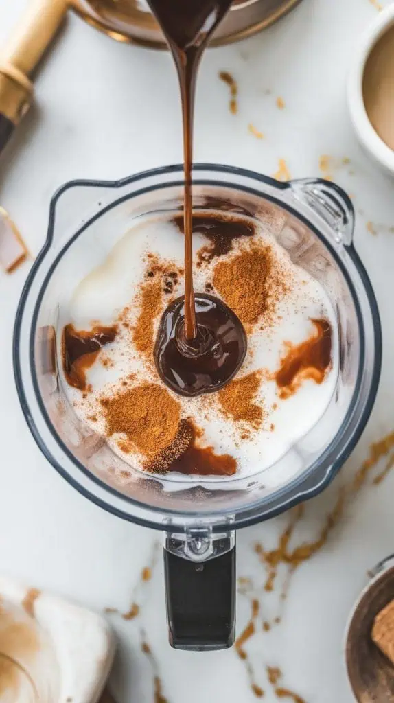 a blender filled with chilled coffee and milk, as chocolate syrup drizzles in from above