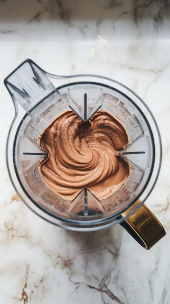 a blender filled with a thick, creamy chocolate cinnamon churro frappuccino mixture, swirling smoothly as it blends