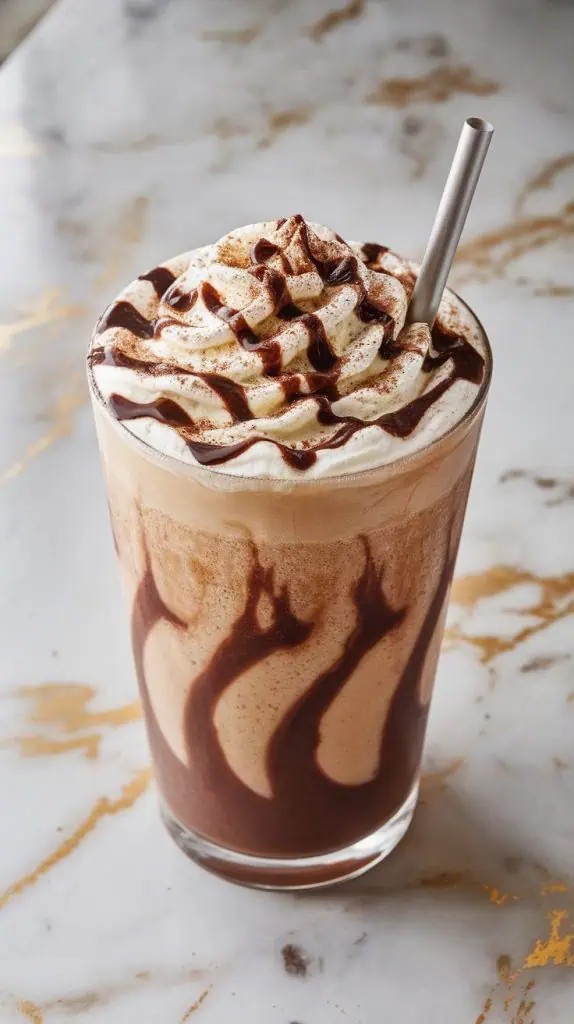 a tall glass filled with thick chocolate cinnamon churro frappuccino, topped with a swirl of whipped cream and a dusting of cinnamon sugar