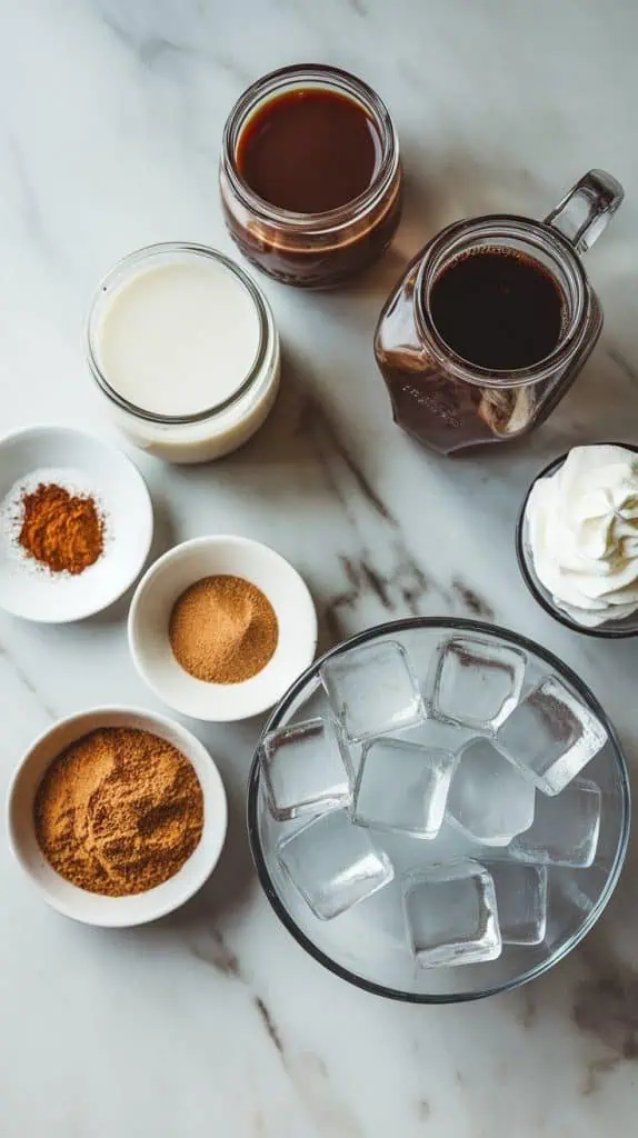 all ingredients for a Starbucks copycat chocolate cinnamon churro frappuccino arranged on a white marble countertop with hints of gold