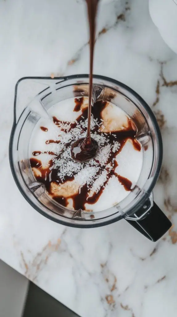 a blender filled with chilled coffee and coconut milk, with chocolate syrup drizzling in from above