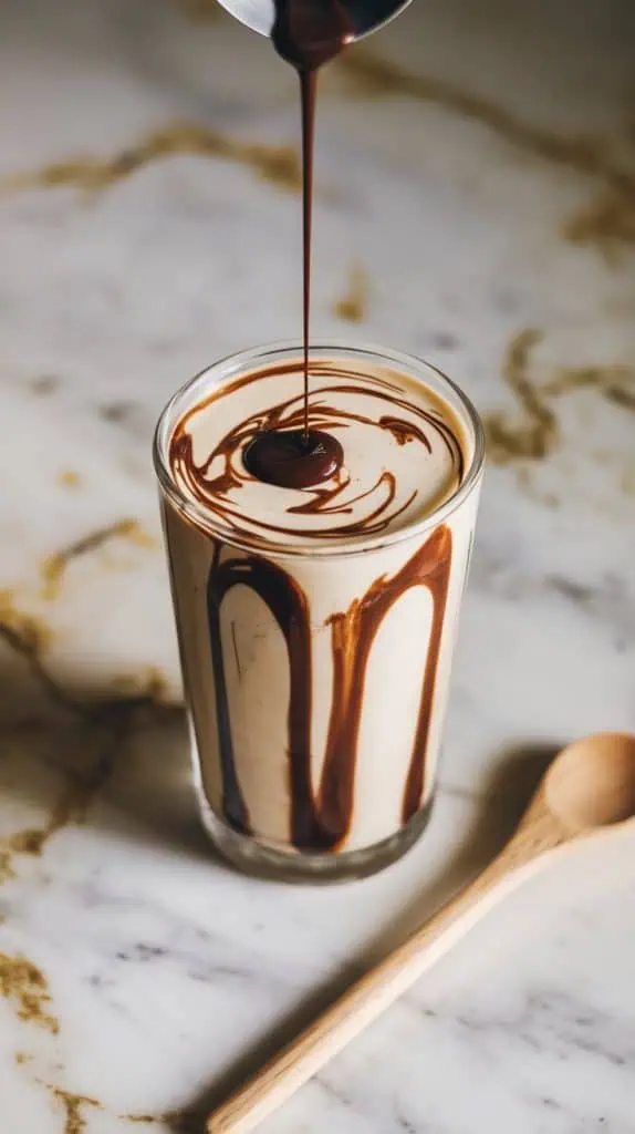 a tall glass being drizzled with chocolate syrup, creating swirls along the inside