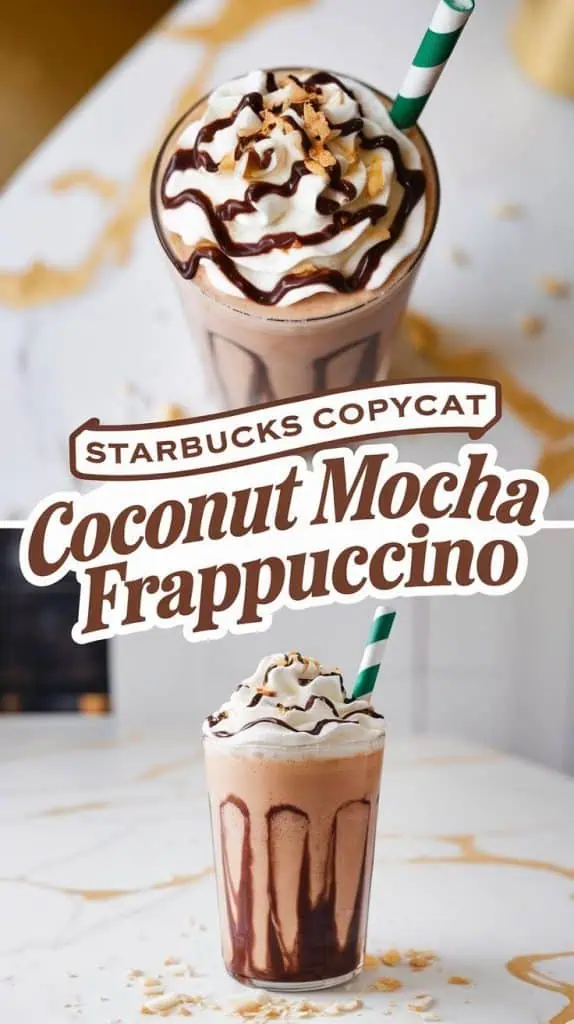 a tall glass filled with a thick, creamy coconut mocha frappuccino. The drink is dark and rich, swirled with chocolate sauce, and topped with whipped cream, toasted coconut flakes, and a drizzle of chocolate.