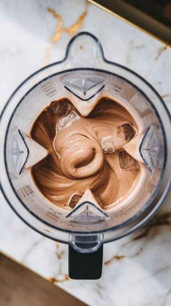 a blender with thick, creamy frappuccino mixture swirling inside, showing a smooth texture