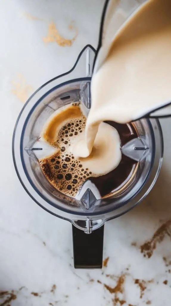 a blender with chilled coffee and creamy coconut milk being poured inside