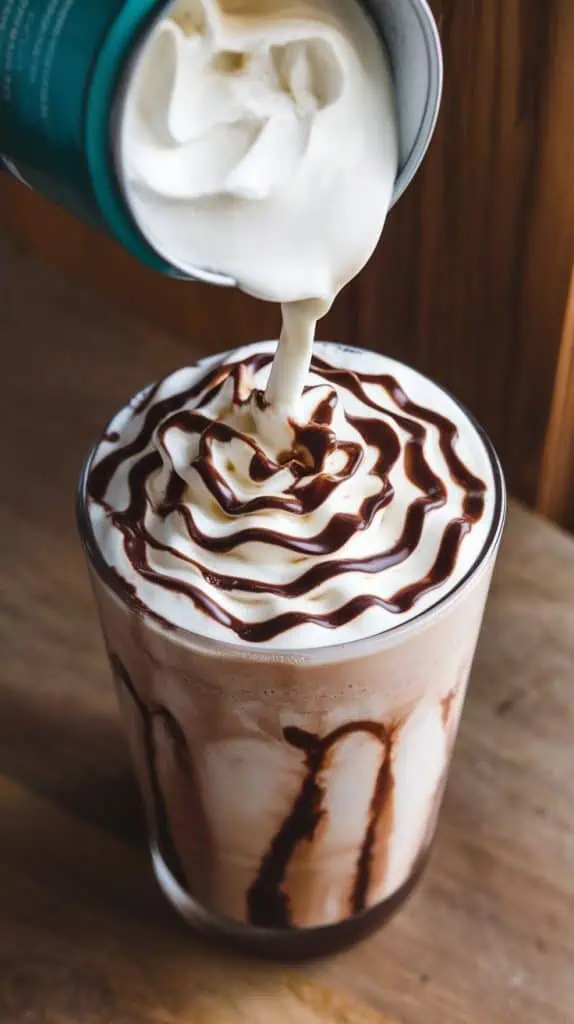 a thick coconut mocha frappuccino being poured into a tall glass lined with chocolate swirls