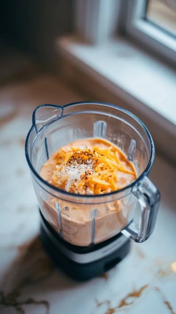 a blender filled with egg whites, cottage cheese, shredded Monterey Jack cheese, salt, black pepper, garlic powder, and onion powder