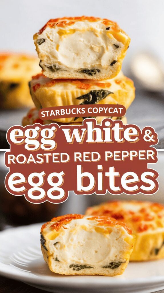 fluffy Starbucks copycat egg white & roasted red pepper egg bites, golden on top with roasted red pepper pieces and bits of spinach visible