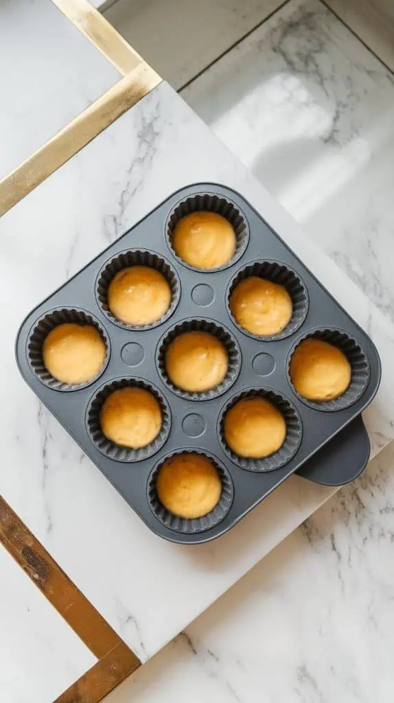 a silicone muffin mold filled with the smooth blended egg mixture, each cup evenly filled