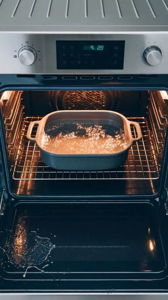 a baking dish filled with hot water sitting on the lower rack of a modern stainless steel double oven. Steam is starting to rise
