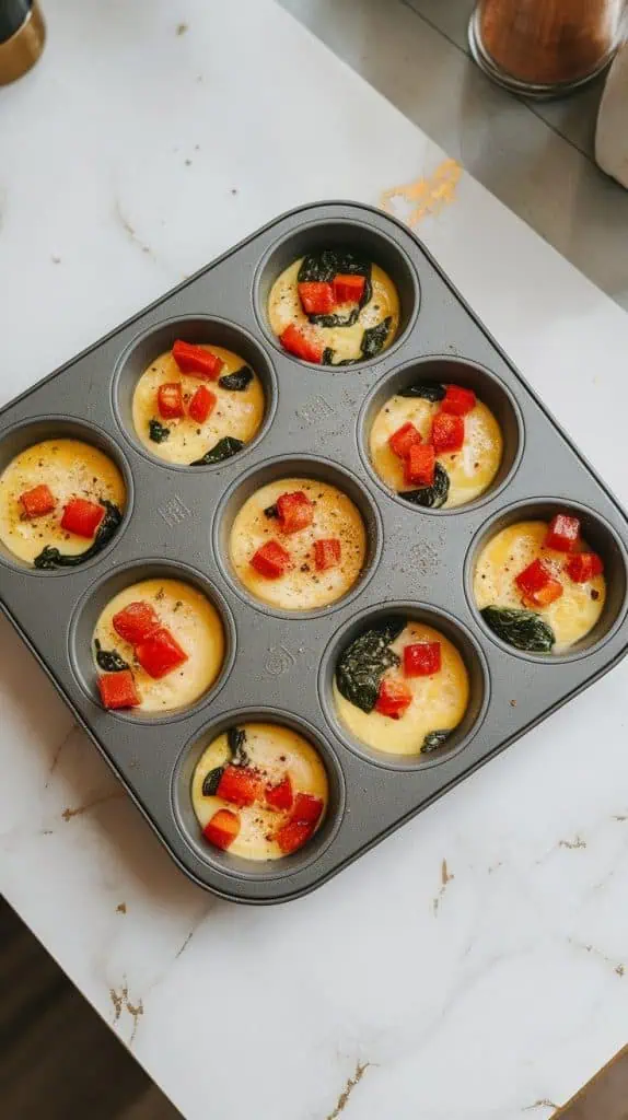 a muffin mold filled with egg mixture, with chopped roasted red peppers and finely chopped spinach sprinkled into each cup