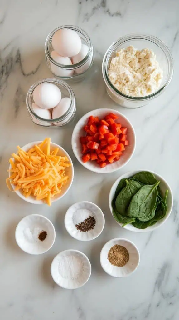 all ingredients for Starbucks copycat egg white & roasted red pepper egg bites arranged on a white marble countertop with hints of gold