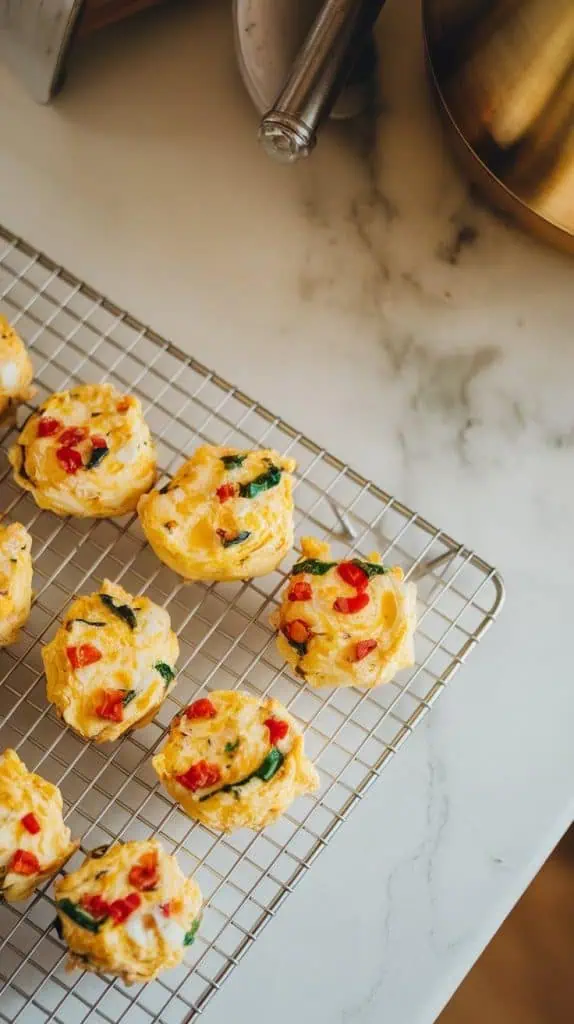 freshly baked egg white & roasted red pepper egg bites cooling on a wire rack