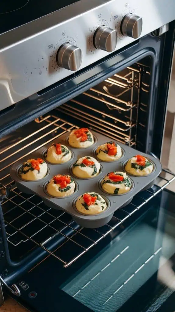 the egg bites baking in a silicone muffin mold inside a modern stainless steel double oven