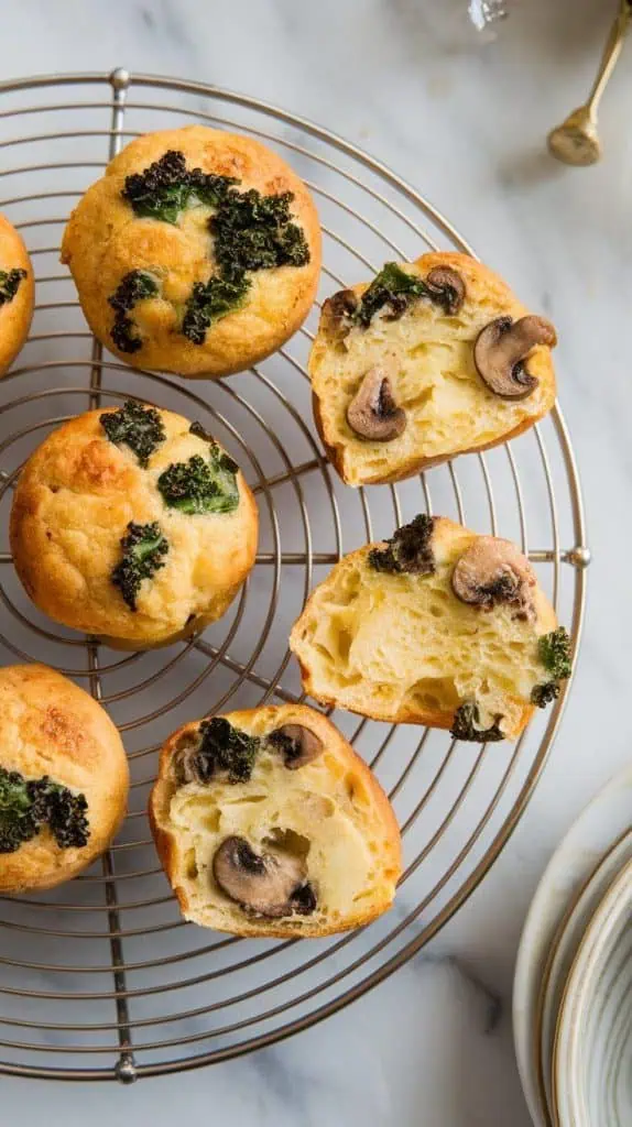 finished kale & mushroom egg bites cooling on a wire rack