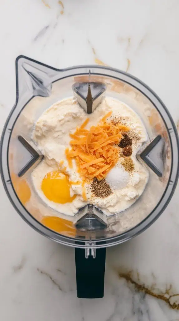 a blender filled with cracked eggs, cottage cheese, shredded gruyère, salt, black pepper, garlic powder, and onion powder, blended to a smooth, creamy mixture
