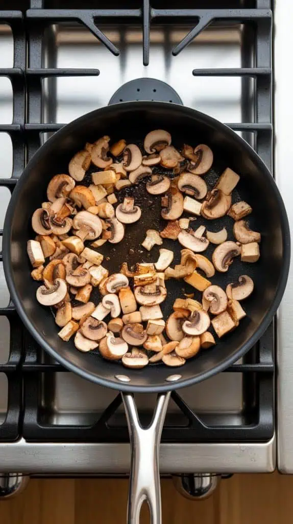 diced mushrooms being sautéed in a pan until golden brown. The mushrooms are soft and slightly caramelized