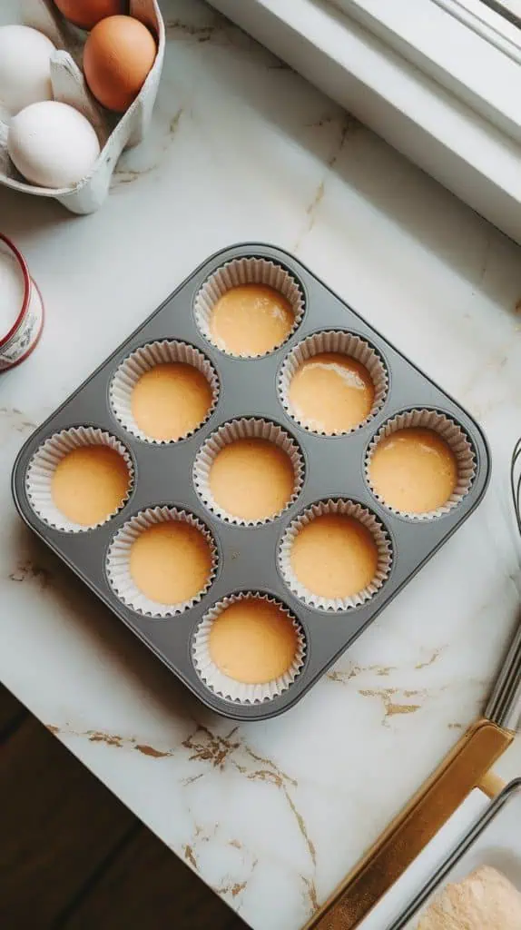 a silicone muffin mold filled ¾ of the way with smooth, creamy egg mixture