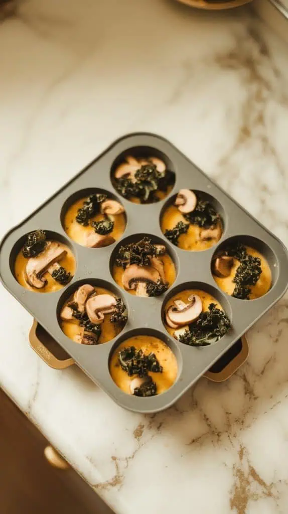 a silicone mold filled with egg mixture, with bits of sautéed mushrooms and chopped kale sprinkled evenly into each cup