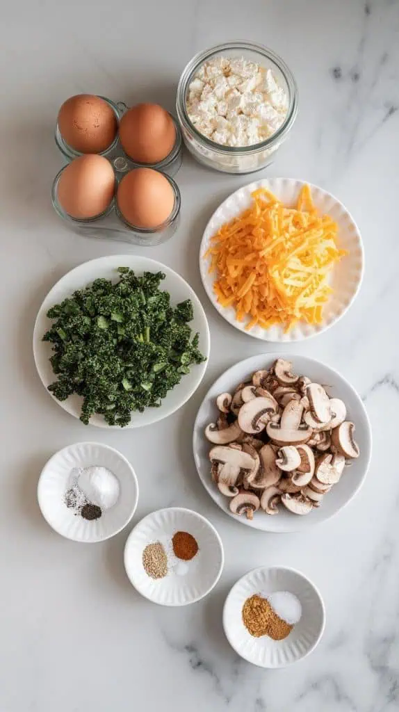 all ingredients for Starbucks copycat kale & mushroom egg bites arranged on a white marble countertop with hints of gold