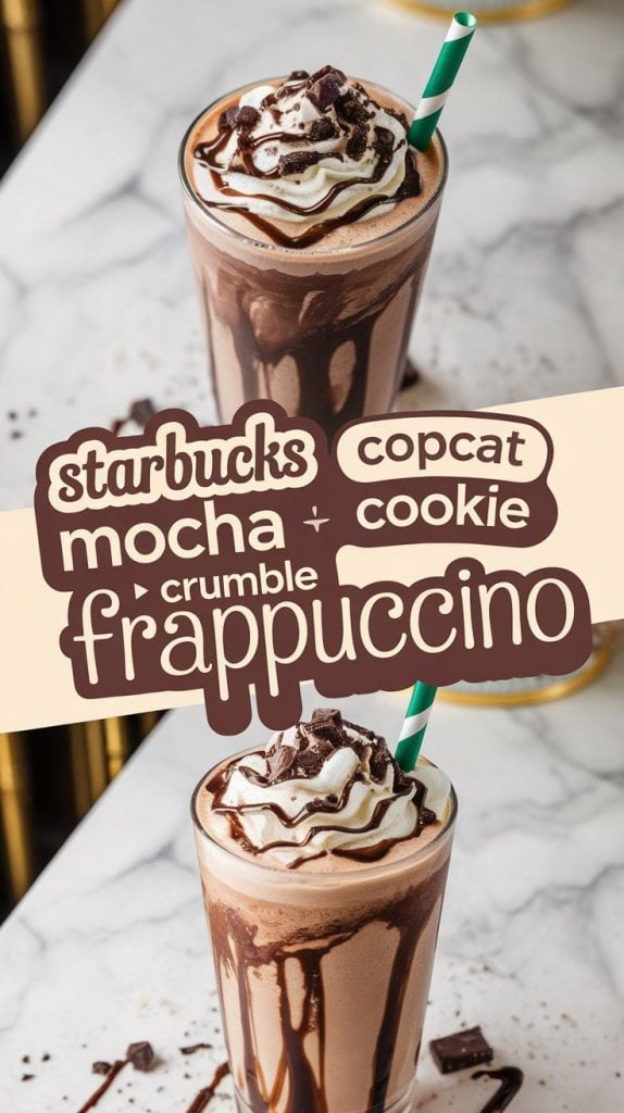 a tall glass filled with a thick, creamy mocha cookie crumble frappuccino