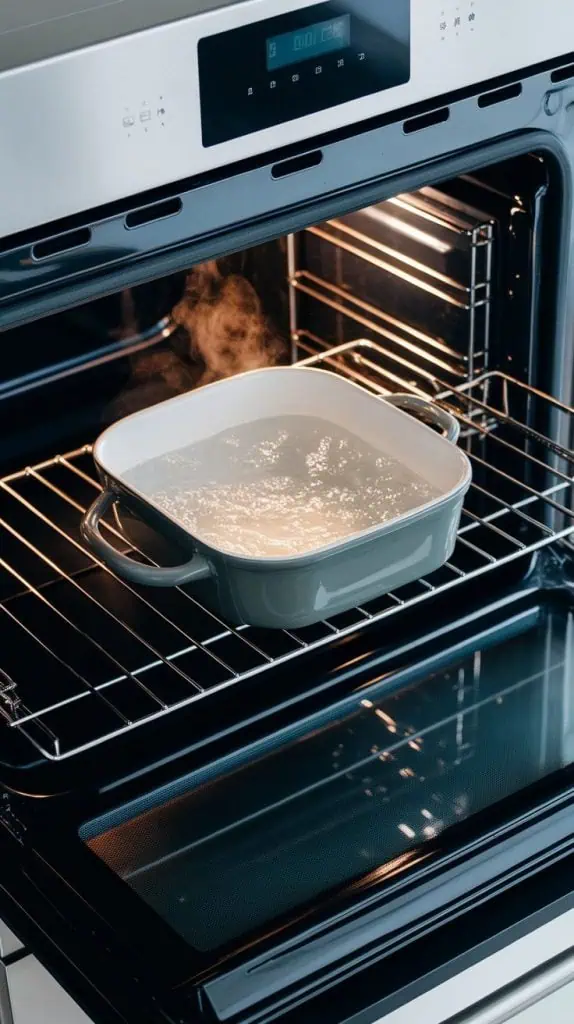 a baking dish filled with hot water sitting on the lower rack of a modern stainless steel double oven