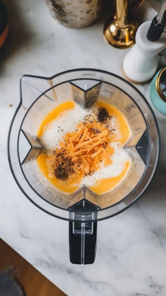 a blender filled with egg whites, cottage cheese, shredded Monterey Jack cheese, salt, black pepper, garlic powder, and onion powder.
