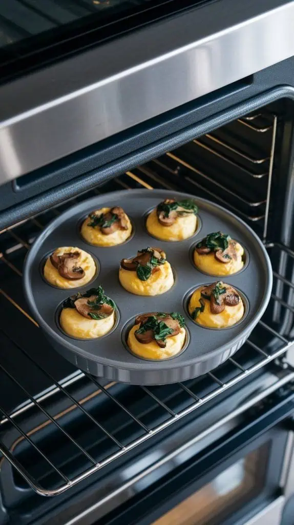 a muffin tin with egg bites baking inside a modern stainless steel double oven