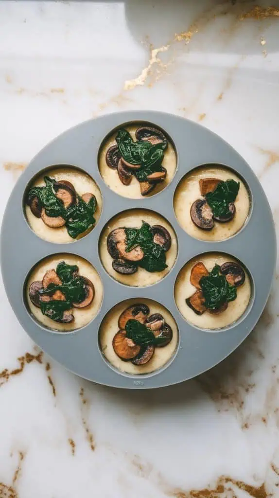 a silicone mold filled with blended egg white mixture, topped with bits of sautéed mushrooms and chopped fresh spinach