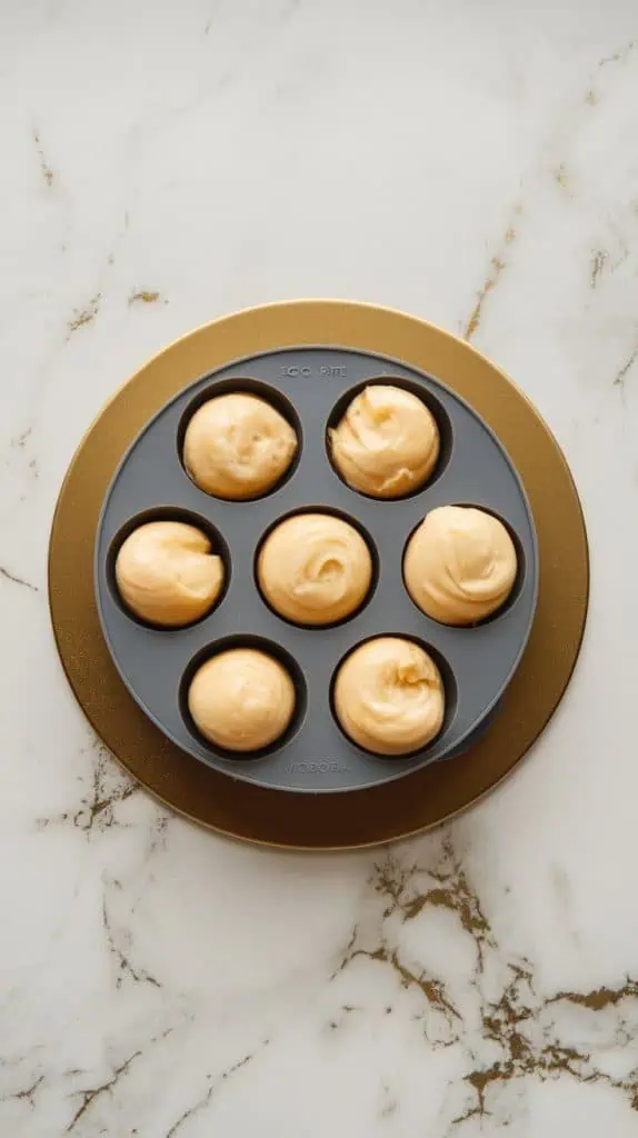  a silicone egg bite mold filled with smooth, blended egg white mixture