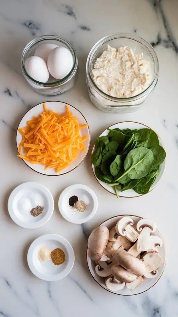 all ingredients for Starbucks copycat mushroom & spinach egg white bites arranged on a white marble countertop with hints of gold